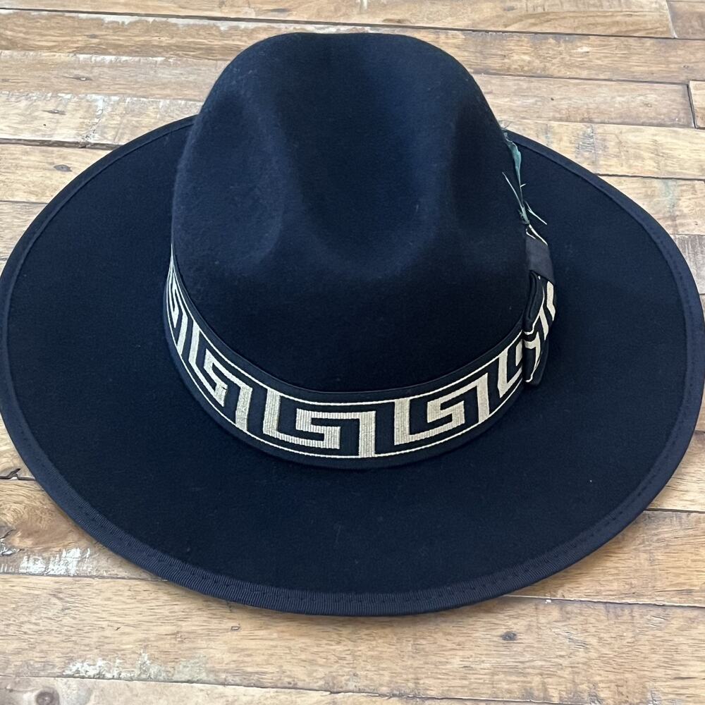 Bruno Capel Black & Gold Wool Flat-Brim Fedora Hat Men's Size M